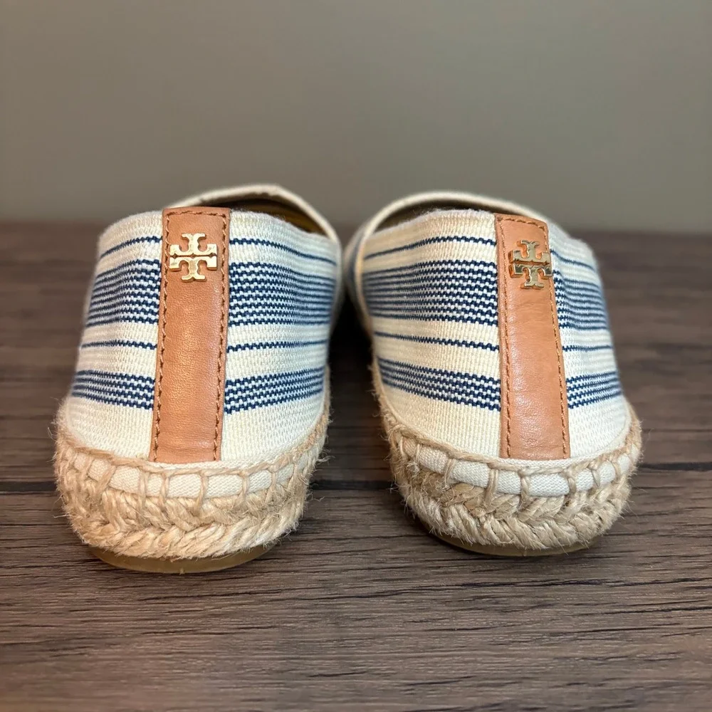 Tory Burch Espadrille Navy White Striped Canvas Braided Jute Sole Womens 7.5